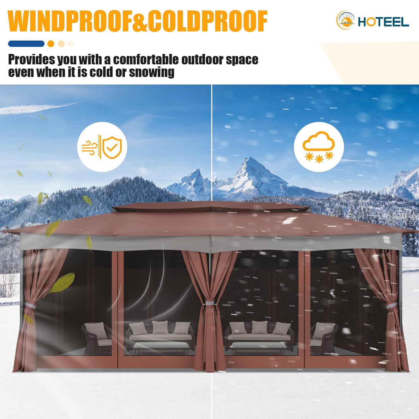 HOTEEL Gazebo 12x20, Outdoor Gazebo on Clearance with Double Ventilated Arc Roof, Privacy Curtains & Mosquito Netting, Easy Set up Canopy Tent with Stable Metal Frame for Patio, Brown
