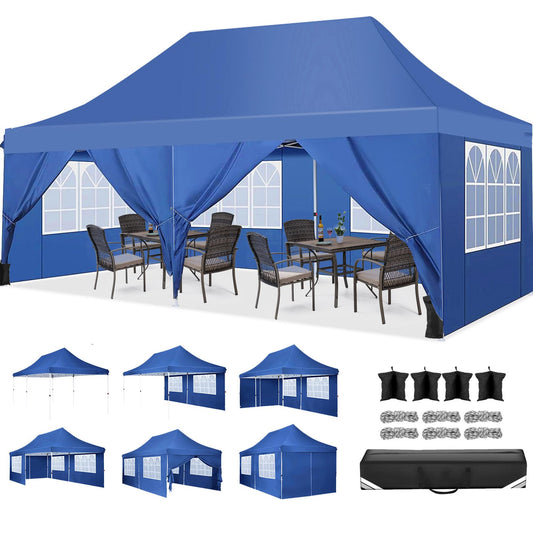 COBIZI Canopy 10x20 Pop Up Canopy Tent with 6 Sidewalls, Waterproof Commercial Canopy Ez Outdoor Instant Gazebo Easy to Set up Event Shelter, Garden Tents for Parties with Sandbags, Blue