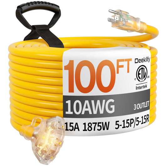 Deeklify 100 ft 10 Gauge Heavy Duty 3 Outlet Extension Cord Splitter with Indicator, Waterproof Outdoor Extension Cord with Multiple Outlets, 15A 1875W for Workshop, ETL Listed, Flexible Yellow SJTW