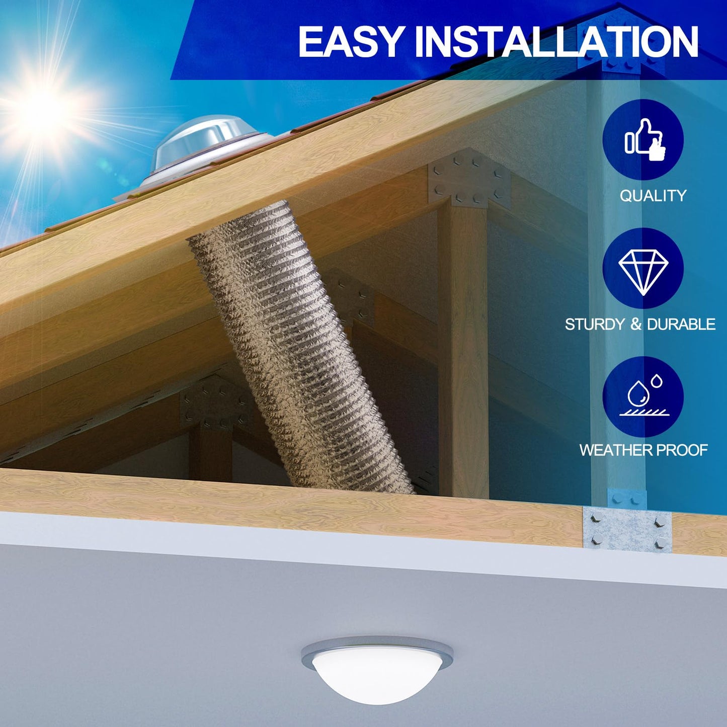 Joyfolk 16 Inch Solar Tube Skylight, Tubular Daylight Roof Light with Acrylic Dome & Low-Profile Flashing, Flexible Reflective Tube for Bedroom, Hallway, Living Room & Interior Lighting