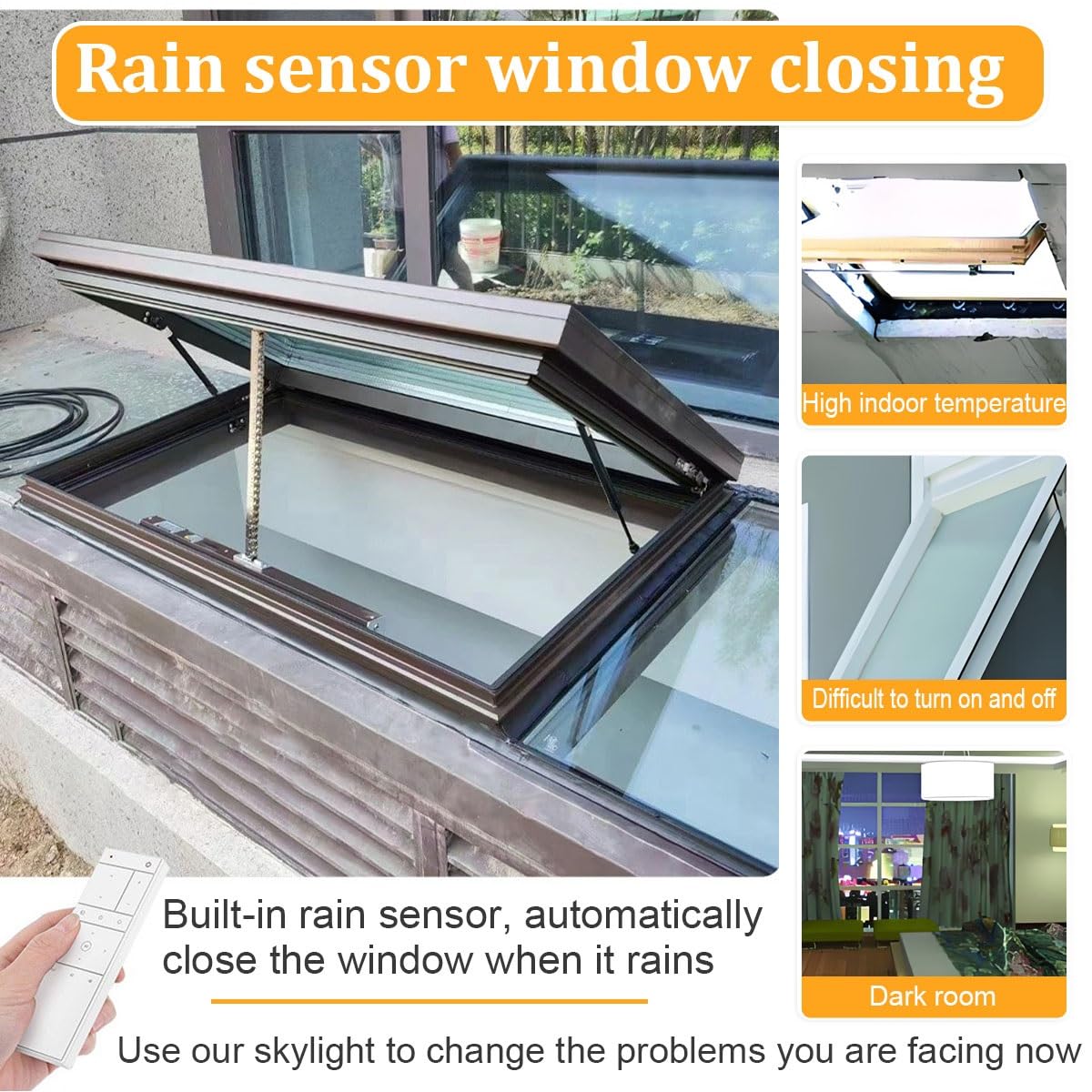 Skylights & Roof Windows, Custom 19.7-47.2in Roof Skylight Window with Gas Strut Lift, Tempered Glass Roof Hatch, Remote Control & Rain Sensor, Energy Efficient, Sunroom & Basement