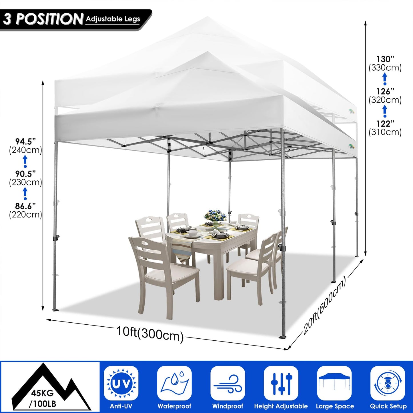 COBIZI 10x20 Heavy Duty Pop up Canopy Tent with 6 sidewalls Easy Up Commercial Outdoor Wedding Party Tents for Parties All Season Wind & Waterproof Gazebo Roller Bag, White(Frame Thickened)