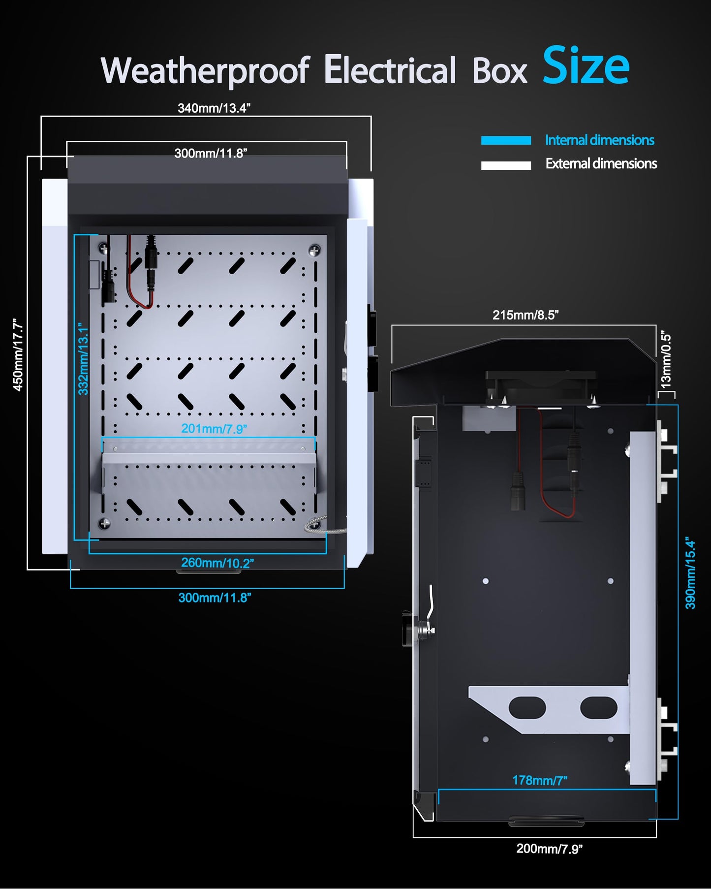 Akwscyby Outdoor Electrical Box with Thermostat and Fan, Precise Temperature Control 0.1°F, IP65 Water Resistant Rating, Galvanized Steel, Aluminum Rear Beam(17.7"x13.4"x9.0")