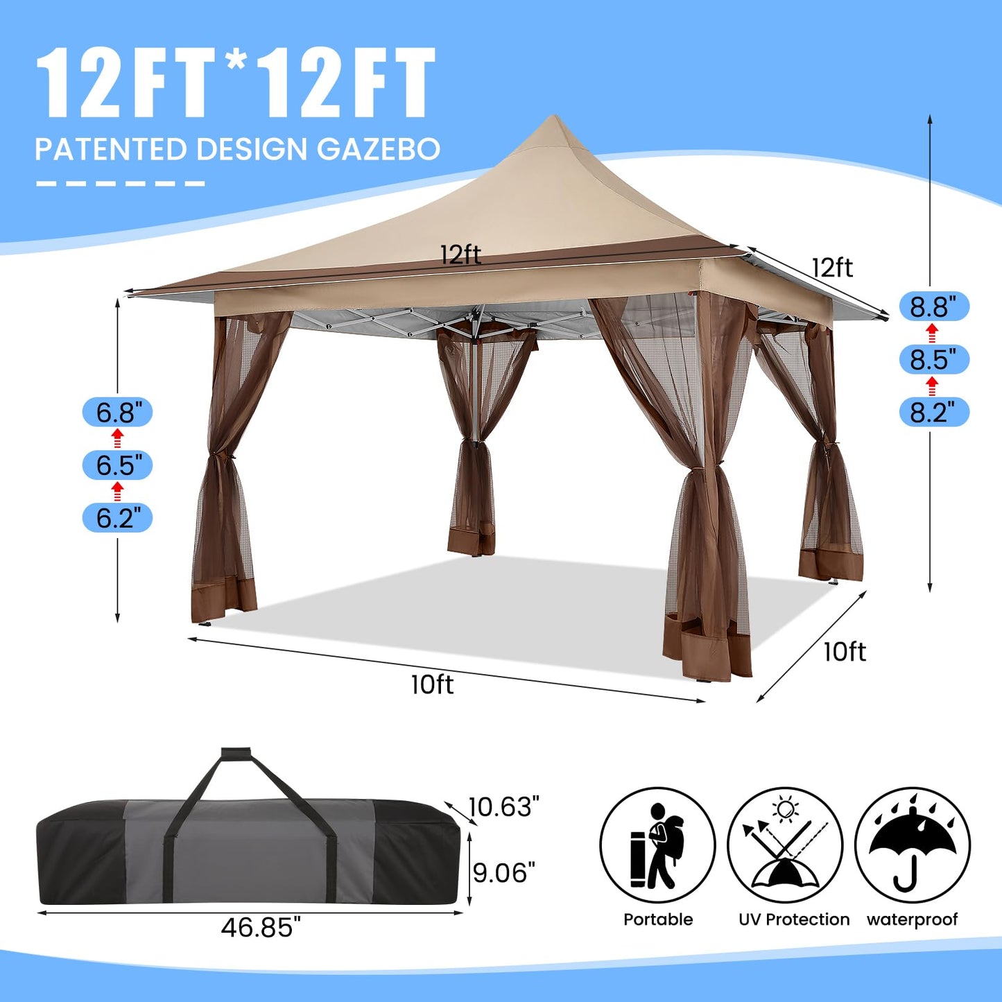 COBIZI 12x12 Pop up Canopy Gazebo on Clearance, Outdoor Canopy Tent with Mosquito Netting & Sandbags,Patio Portable Gazebo for Garden,Backyard & Lawn,Khaki