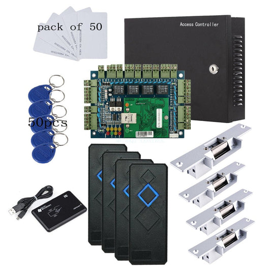 MENGQI-CONTROL TCP/IP 4 Door Entry Access Control Panel Kit Electric Strike Fail Secure NO Mode Lock Enroll RFID USB Reader 110-240V Power Supply Box RFID Reader Phone APP remotely Open Door