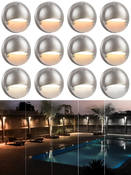 LEONLITE 12-Pack Update 5CCT LED Low Voltage Deck Lights, 180LM 3.74inch Landscape Step Railing Fence Light, 12-24V AC/DC, CRI90, Die-cast Aluminum Housing & Frosted Glass Lens, UL Cord, Satin Nickel