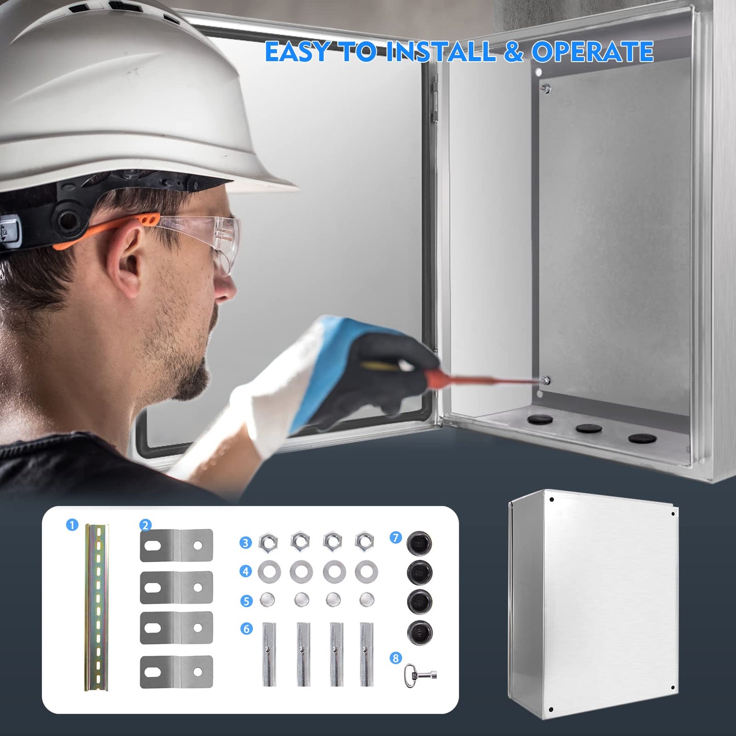 Outdoor Electrical Box 20 x 16x 8'' NEMA 4X Enclosure 304 Stainless Steel Outdoor/Indoor Lockable Electrical Junction Box，IP65 Waterproof,Mounting Plate, Wall/Pole Mounted