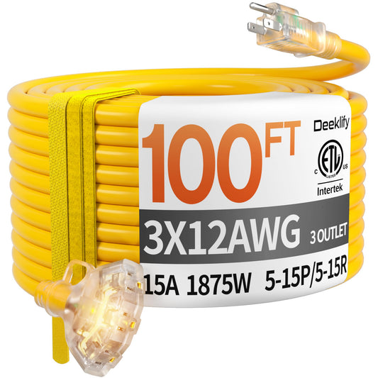Deeklify 100ft 12 Gauge Heavy Duty 3 Outlet Extension Cord Splitter with Indicator, Waterproof Outdoor Extension Cord with Multiple Outlets, 15A 1875W for Garden, ETL Listed, Flexible Yellow SJTW