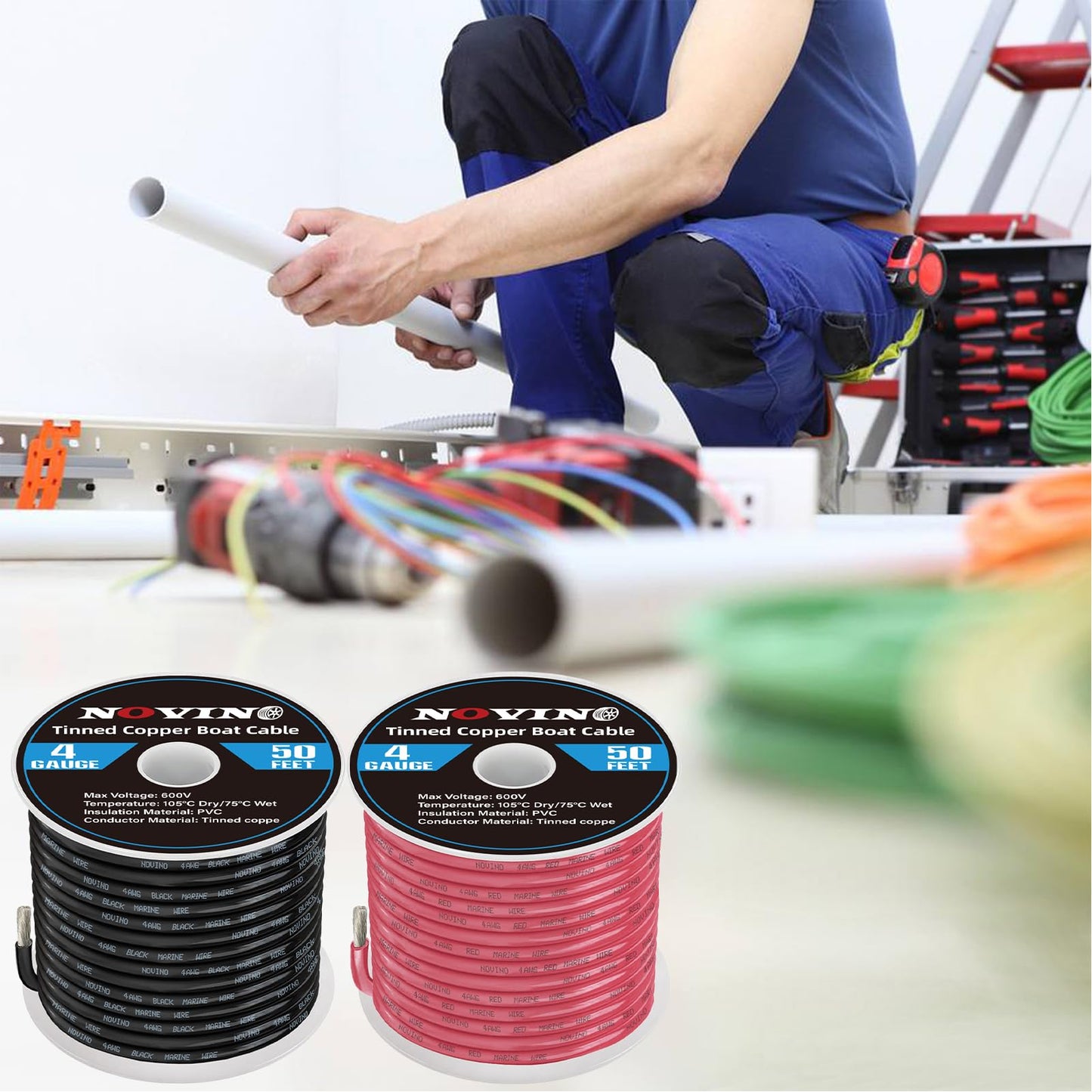 4 Gauge Marine Wire Include 4AWG 50FT Red & 50FT Black,4 Gauge Marine Grade Wire Tinned Copper Electrical Cable for Boat Automotive Speaker Battery Lighting Solar Panel Outdoor