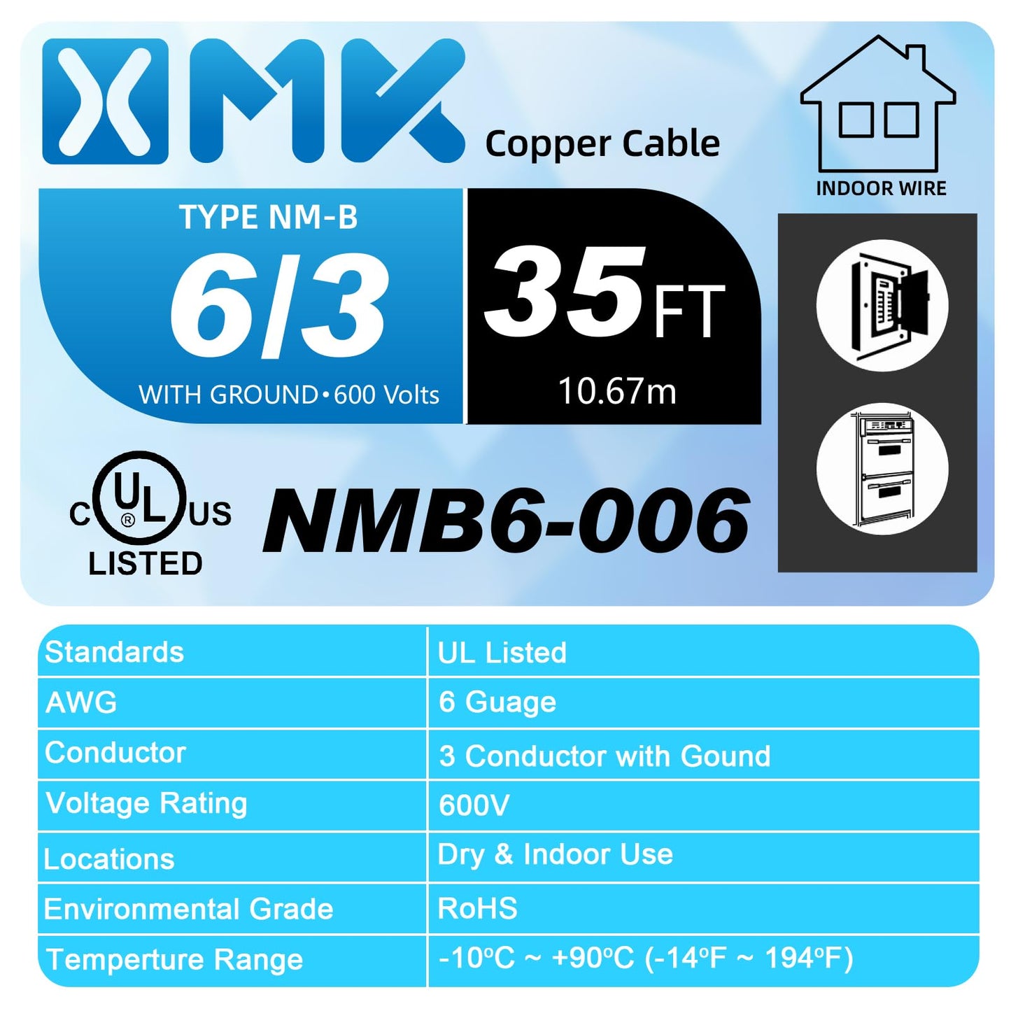 NM-B 6/3 Wire with Ground,35ft 6 AWG Copper Wire,6 Gauge 3 Conductor Nonmetallic Sheathed 6/3 NM-B Cable with Ground,Residential Indoor Electrical Wiring for Branch Circuit Switches,Outlets,Other Load