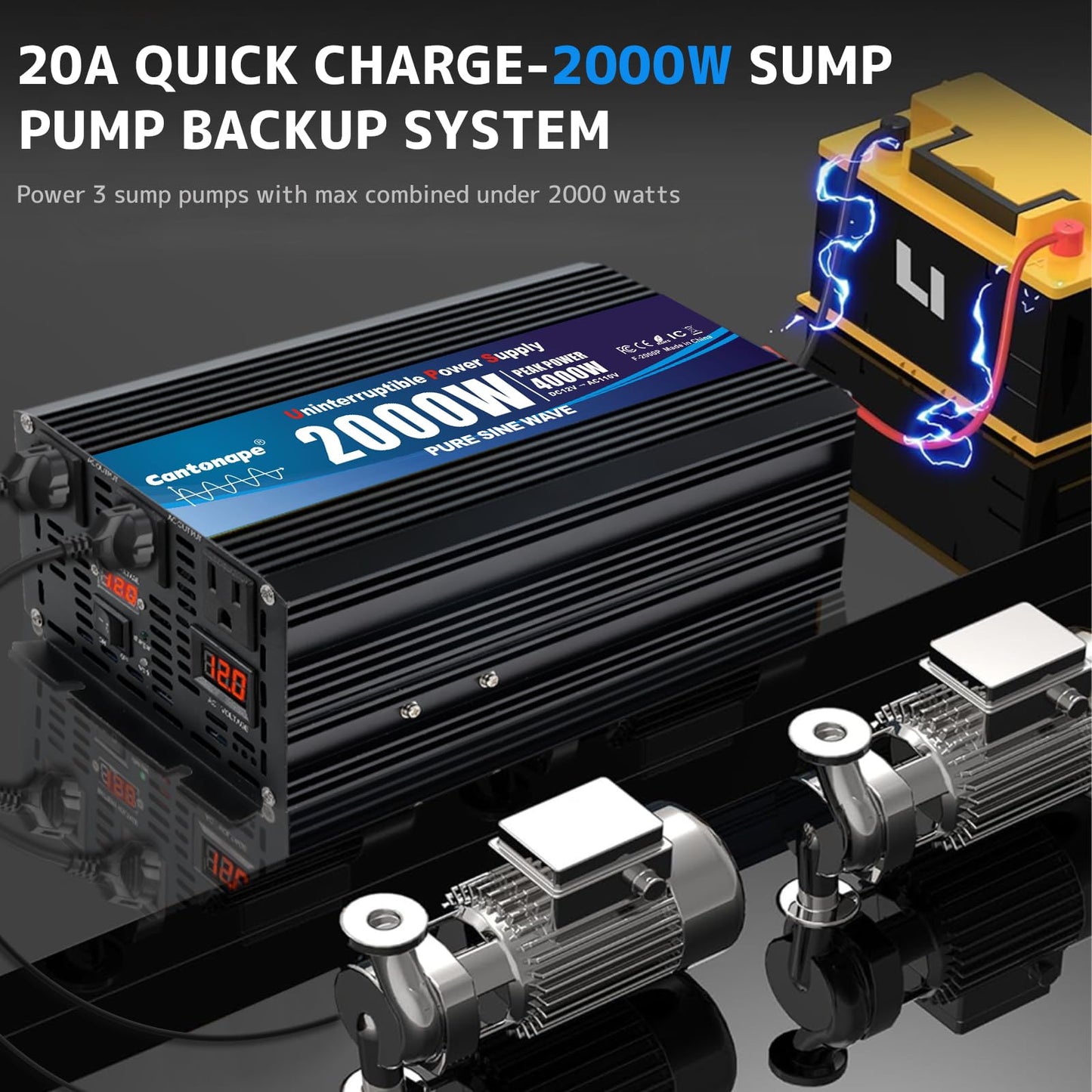 Cantonape 2000W Sump Pump Backup Battery System, Automatic Switching to Battery Inverter Power, Professional Backup System in Case of Power Failure, Pure Sine Wave Output
