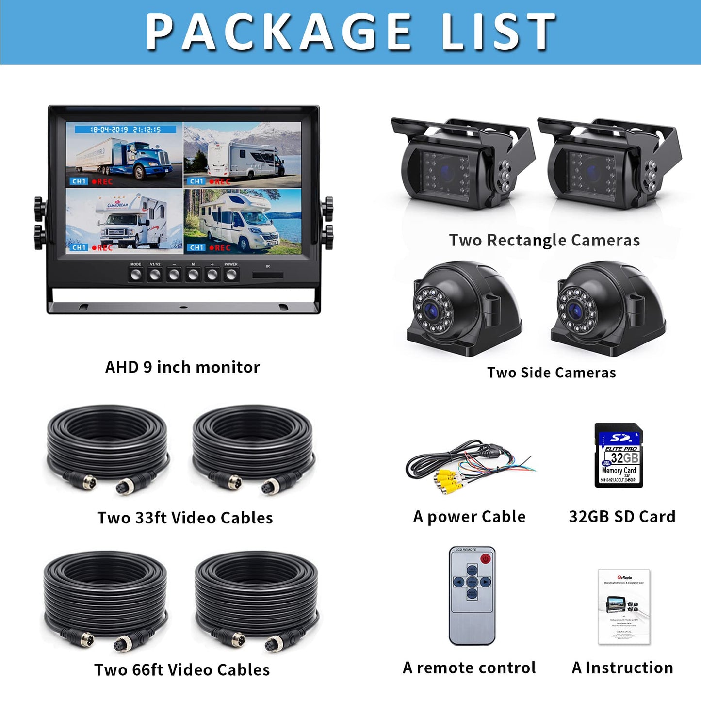 eRapta 1080P Wired Backup Camera System Kit,9" HD DVR Monitor with IP69 Waterproof Reverse/Side View Camera for RV Truck/Semi Box Truck/Trailer A9