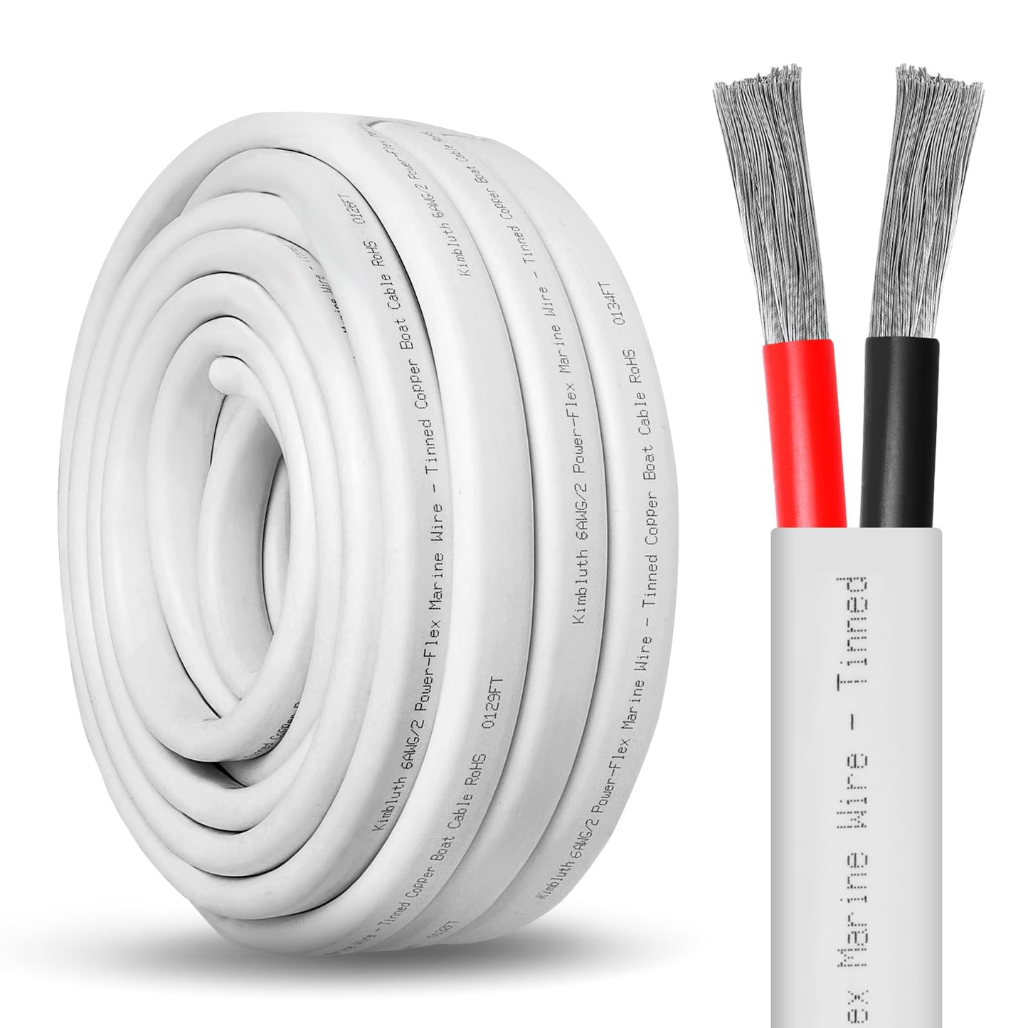 Kimbluth 6 Gauge Duplex Marine Wire Tinned Copper Boat Cable, 40ft 6 AWG Standard USA OFC Oxygen Free Copper Wire for Automotive Boat Speakers Solar Outdoors