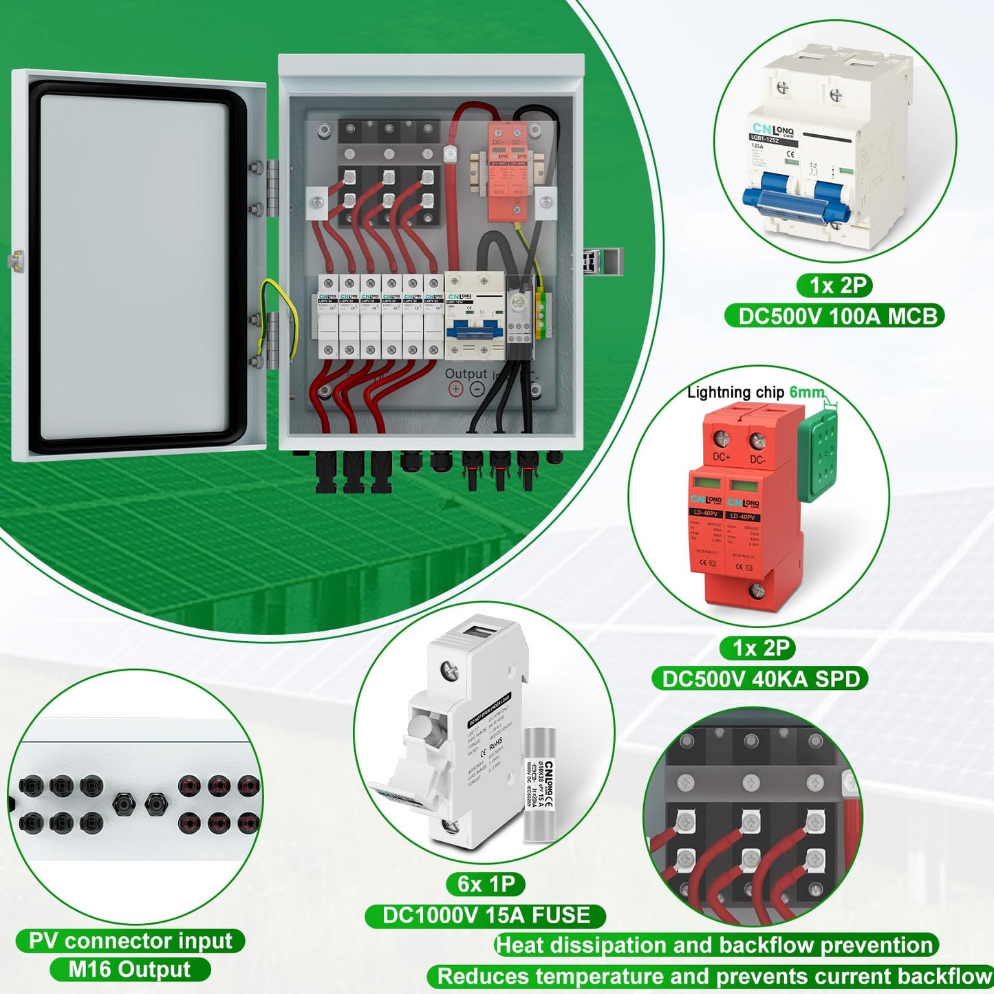 CNLonQcom 6 Strings Metal Solar PV Combiner Box DC500V 100A Circuit Breaker with Surge Protector, 15A Fuses and Radiator, Outdoor IP66 Waterproof for Solar Panels System