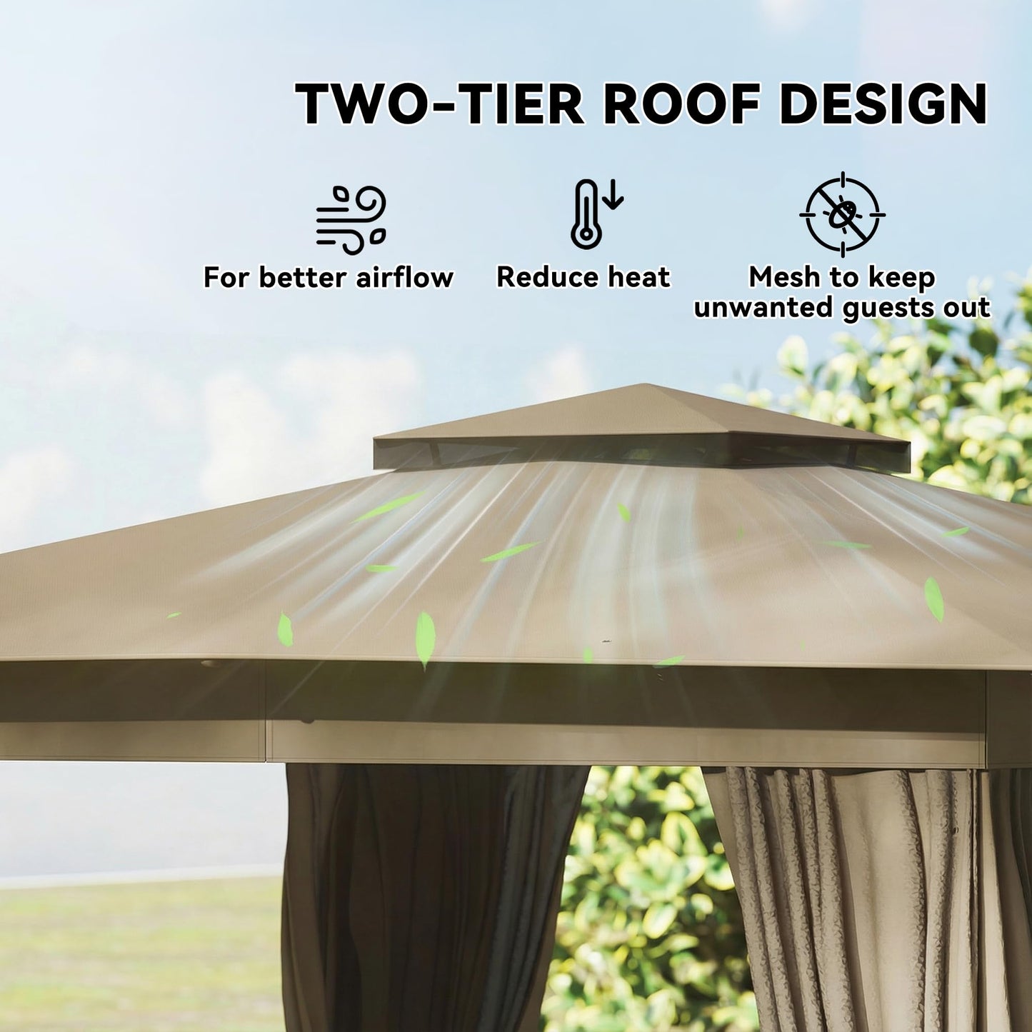 Outsunny 10' x 12' Outdoor Patio Gazebo, Heavy Duty Gazebo Canopy Shelter with Double Roof, Curtains, Netting, Steel Frame, UPF30+ Protection, Ceiling Hooks for Lawn, Backyard, Deck, Khaki