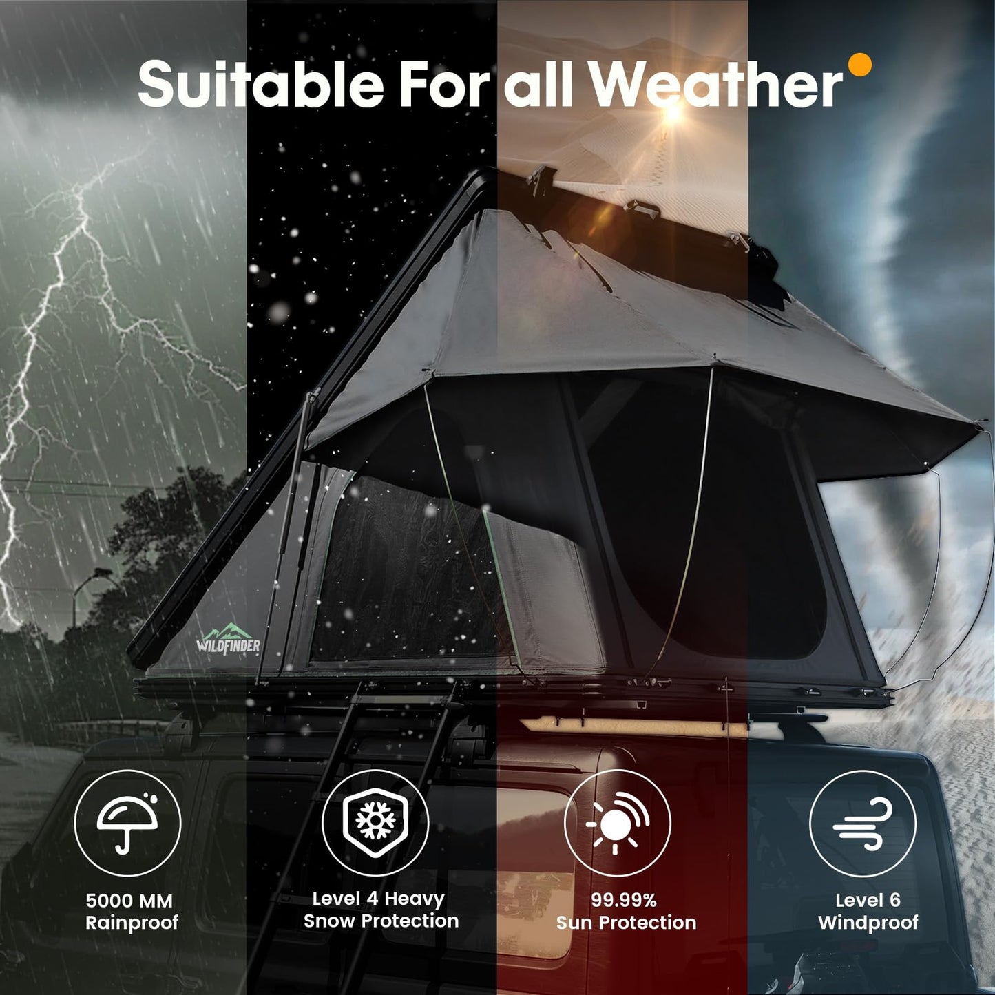 WildFinder Rooftop Tent Hardshell, 2-3 Person Camping Car Roof Top Tent Hard Shell Suitable for Jeep, SUV, Truck, Van
