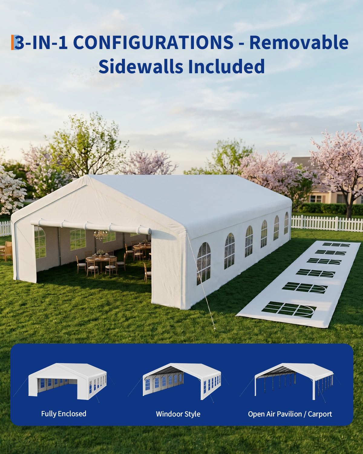 20x40 FT Heavy Duty Party Tent, Galvanized Steel Outdoor Canopy with Mesh Screen & Roll-Up Dual Doors, Waterproof Wedding Event Shelter, Removable Sidewalls & Windows