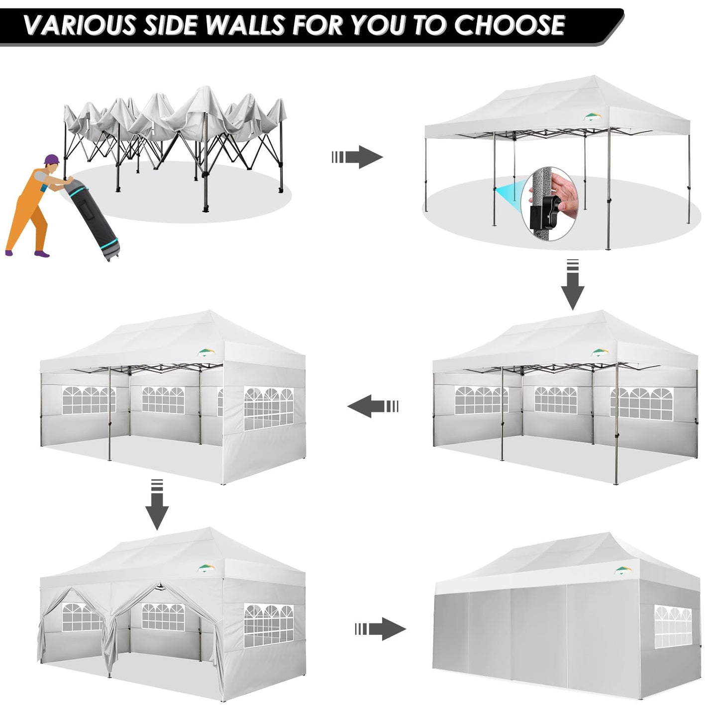 COBIZI 10x20 Heavy Duty Pop up Canopy Tent with 6 sidewalls Easy Up Commercial Outdoor Wedding Party Tents for Parties All Season Wind & Waterproof Gazebo Roller Bag, White(Frame Thickened)