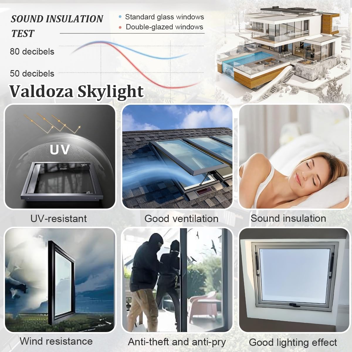 Valdoza Customizable Roof Windows Skylight, Manual Vented Skylights for House Roofs, Double-Glazed Tempered Glass and Aluminum Frame, for Attic/Sun Room