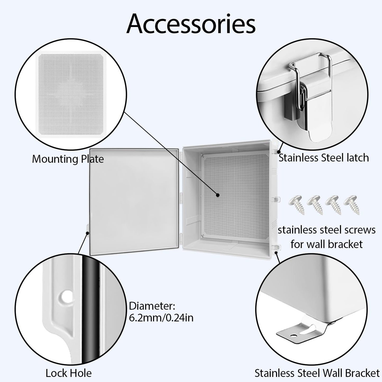 LeMotech Electrical Box, IP67 Waterproof Hinged Cover Stainless Steel Latch Junction Box, ABS Plastic Electrical Enclosure with Mounting Plate,Wall Brackets, Cable Glands,24.8"x20.8"x9.8",Grey