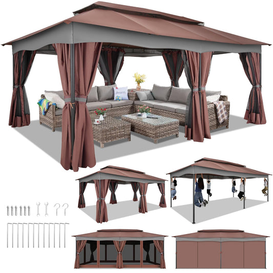 HOTEEL Gazebo 12x20, Outdoor Gazebo on Clearance with Double Ventilated Arc Roof, Privacy Curtains & Mosquito Netting, Easy Set up Canopy Tent with Stable Metal Frame for Patio, Brown