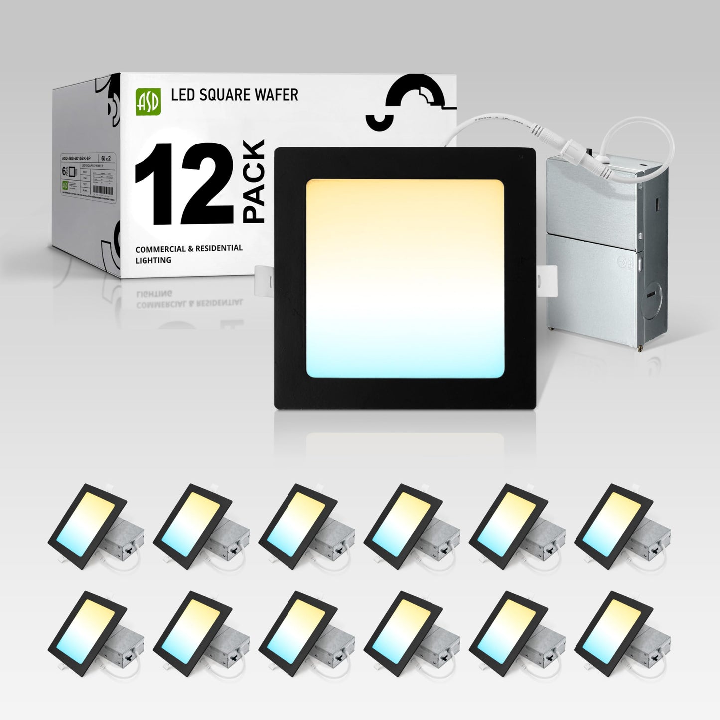 ASD 12 Pack LED Square Recessed Lighting 6 Inch, 5CCT 2700K-5000K CRI90+, Dimmable Ultra-Thin Canless Wafer Lights, IC Rated Ceiling Light Fixtures with Junction Box, ETL Energy Star, Black