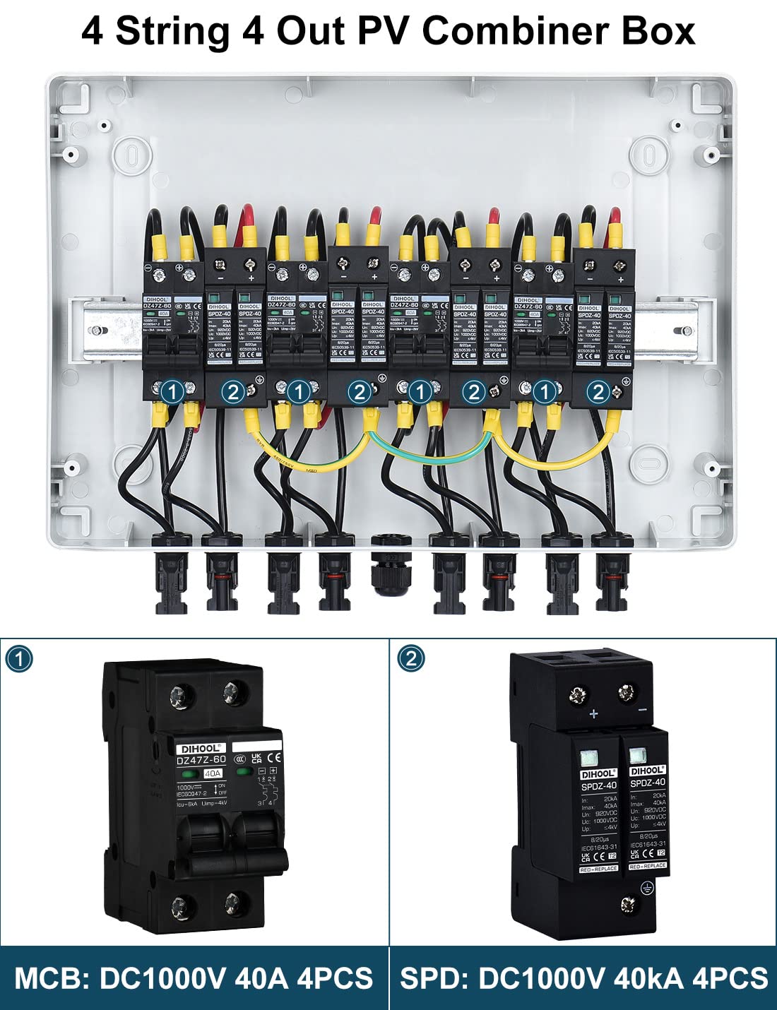 DIHOOL Solar Disconnect Switch 40Amp DC Circuit Breaker with Surge Protector PV Combiner Box for Solar Panel 4 in 4 Out 1000V
