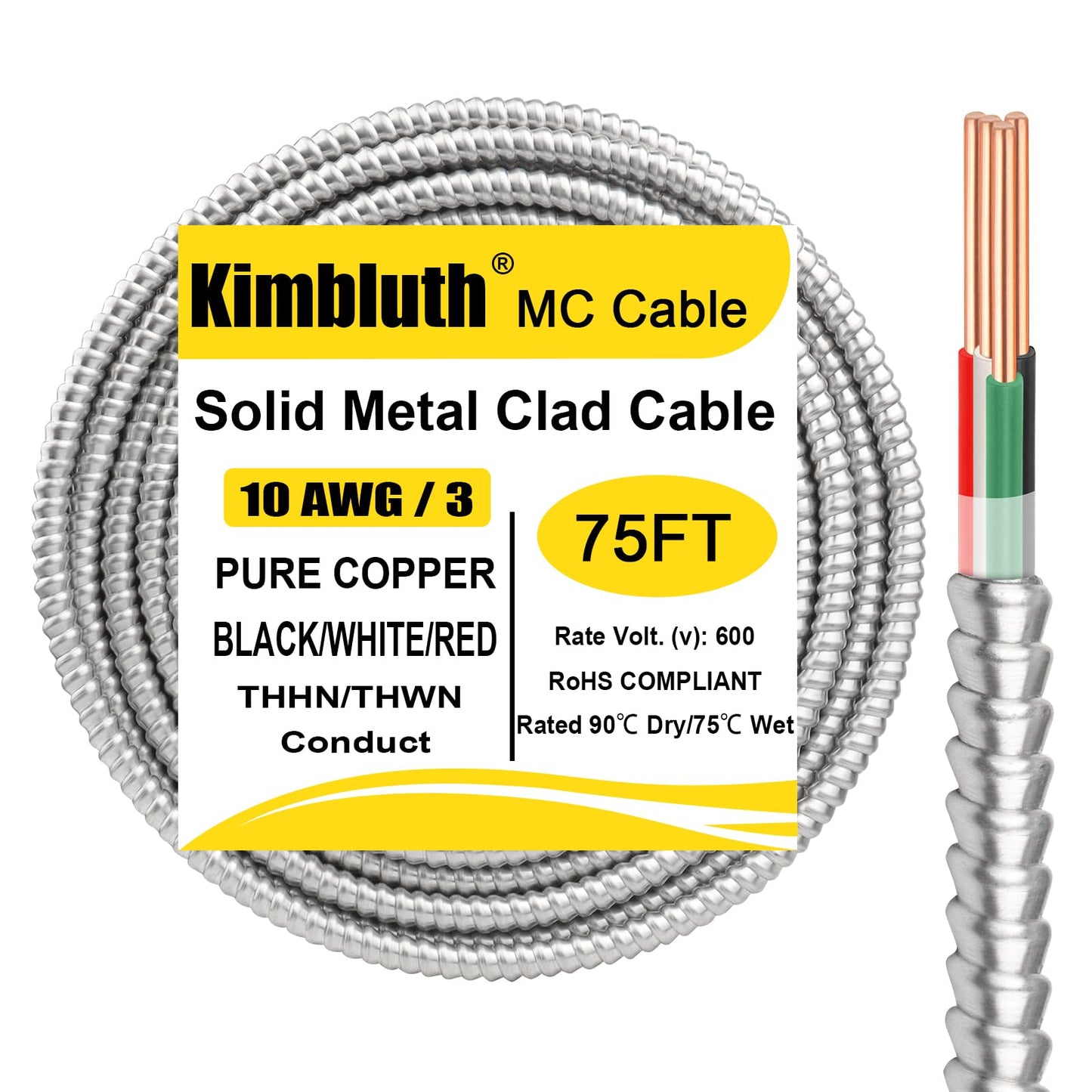 10/3 Metal Clad (MC) Cable with Ground 75ft, 10 Gauge Electric Wire with Aluminum Armor, Solid Bare Copper Conductors for Indoor Outdoor Underground Embedded Installation (10/3, 75 ft)