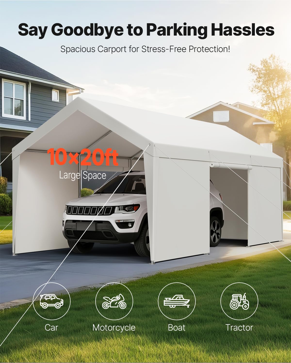 VEVOR Carport, 10 x 20 FT Outdoor Car Canopy, Potable Carport with Removable Sidewalls & Door, Heavy Duty Car Shelter, UV-Resistant & Water-Resistant, All-Season Protection for Automobile Boat White