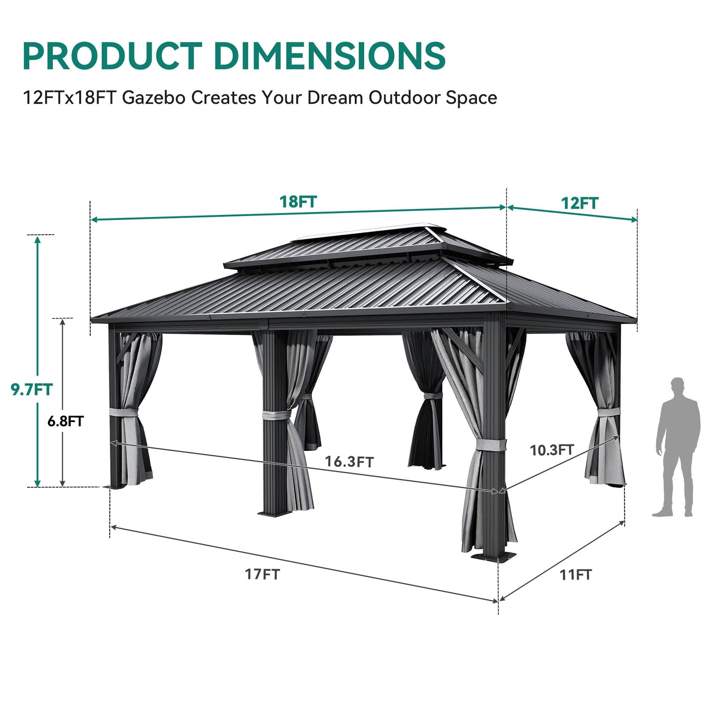 YITAHOME 12X18FT Metal Hardtop Gazebo Double Roof Canopy Galvanized Iron Aluminum Garden Gazebo Curtains Netting for Patios Backyards Decks Lawns