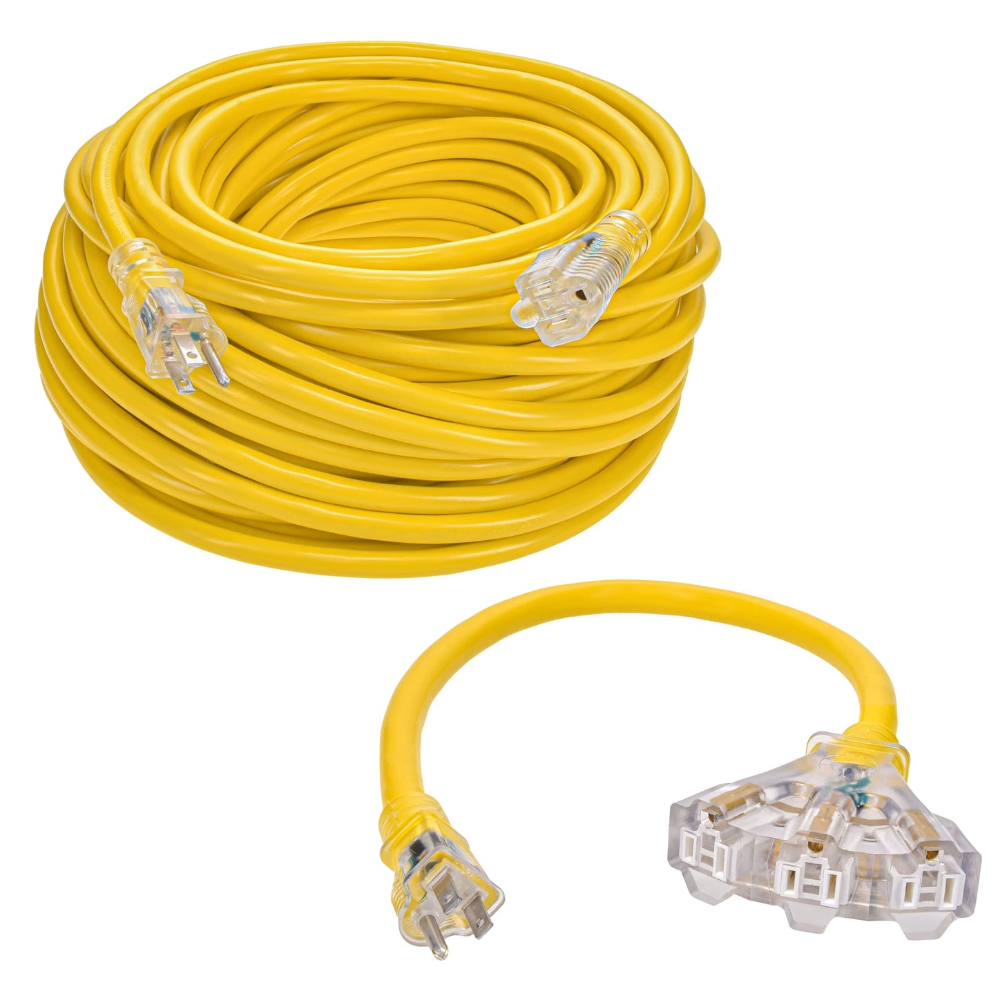 Clear Power 150ft 12/3 SJTW 15amps Yellow Outdoor Extension Cord w/Power Indicator Light & 2ft 12/3 STW Yellow Outdoor 3-Outlet Adapter w/Power Indicator Light DCOC-1223-DC