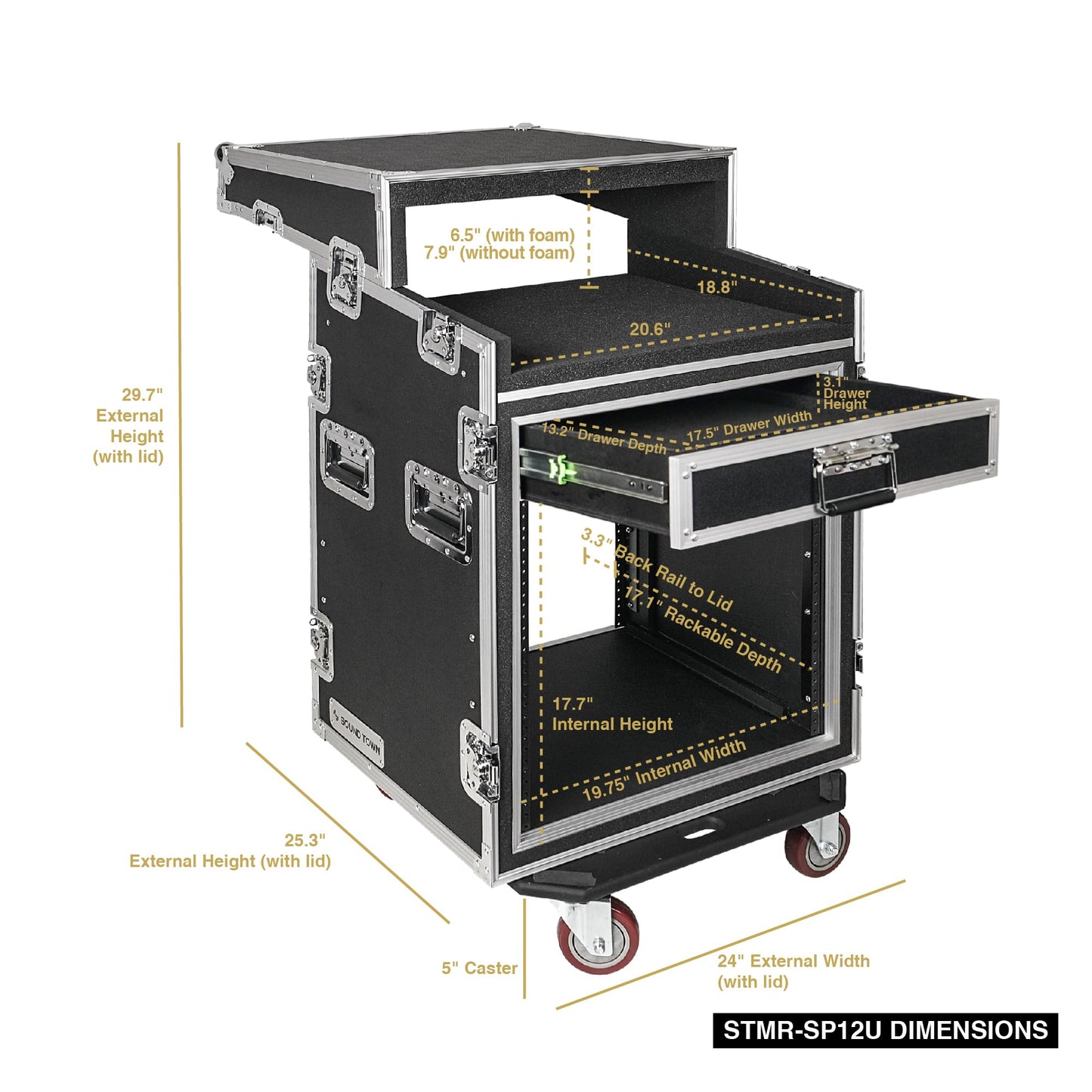 Sound Town Shock Mount 12U ATA Rack Case with 20” Rackable Depth, 11U Slant Mixer Top and Casters, 12-Space Size - Pro Tour Grade (STMR-SP12UW)