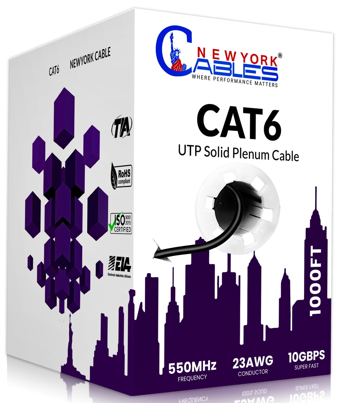 NewYork Cables | CAT6 Plenum Cable 1000ft | 23AWG, UTP 4Pairs, 550MHz 10Gbps Most Certified (CMP) Rated | Fire-Resistant | Bulk Cat 6 Ethernet Cable for Networking (1000ft, Solid Conductor, Black)