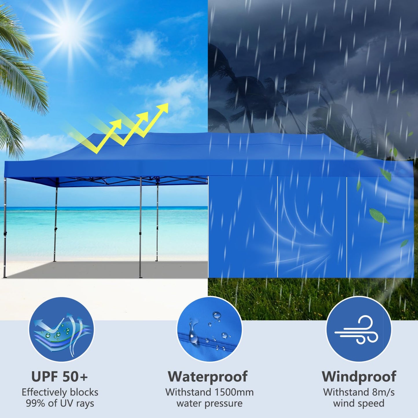 COBIZI 10x30 Pop up Canopy Tent Heavy Duty with 8 Sidewalls, Easy Set-up Commercial Outdoor Party Tent, 100% Waterproof Wedding Gazebo, 3 Height Adjustable with Wheeled Bag, Blue