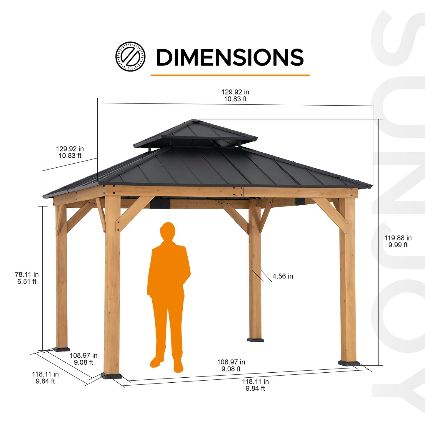 SUNJOY 11 x 11 ft. Wood Gazebo Standard Cedar Framed Gazebos with Black Double Steel Hardtop Roof for Garden, Backyard Shade, Matte Black Roof + Natural Wood Frame