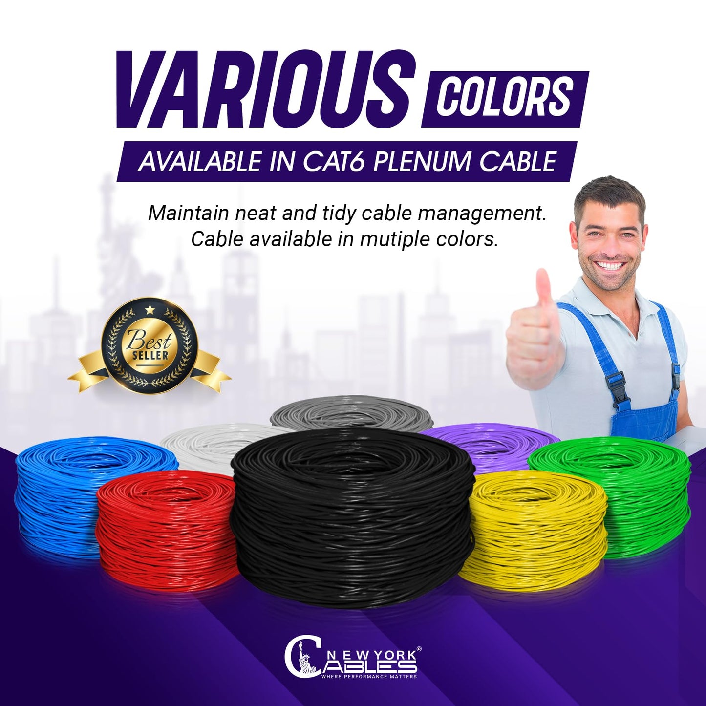 NewYork Cables | CAT6 Plenum Cable 1000ft | 23AWG, UTP 4Pairs, 550MHz 10Gbps Most Certified (CMP) Rated | Fire-Resistant | Bulk Cat 6 Ethernet Cable for Networking (1000ft, Solid Conductor, Black)
