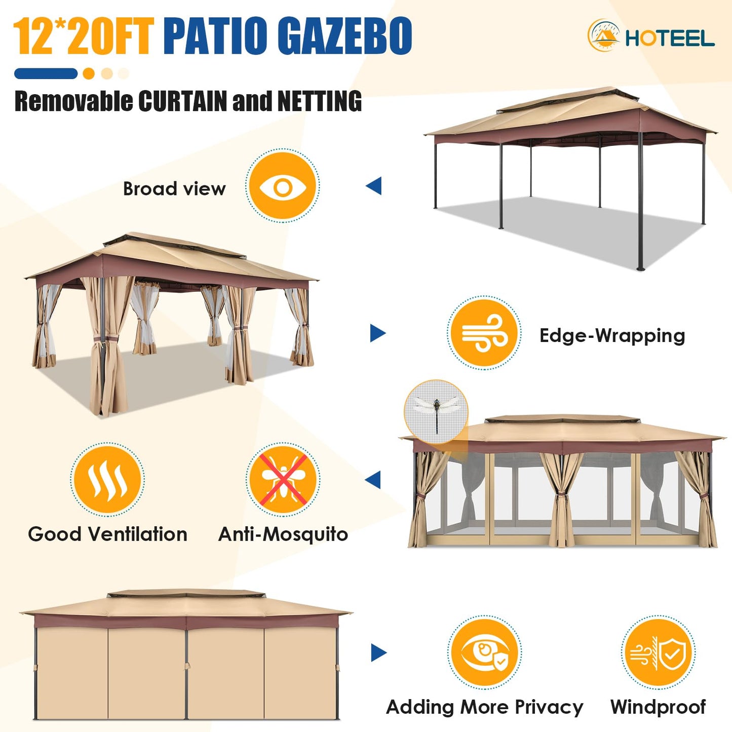 HOTEEL Gazebo 12x20, Outdoor Gazebo on Clearance with Double Ventilated Arc Roof, Privacy Curtains & Mosquito Netting, Easy Set up Canopy Tent with Stable Metal Frame for Patio, Khaki (Upgraded 2.0)