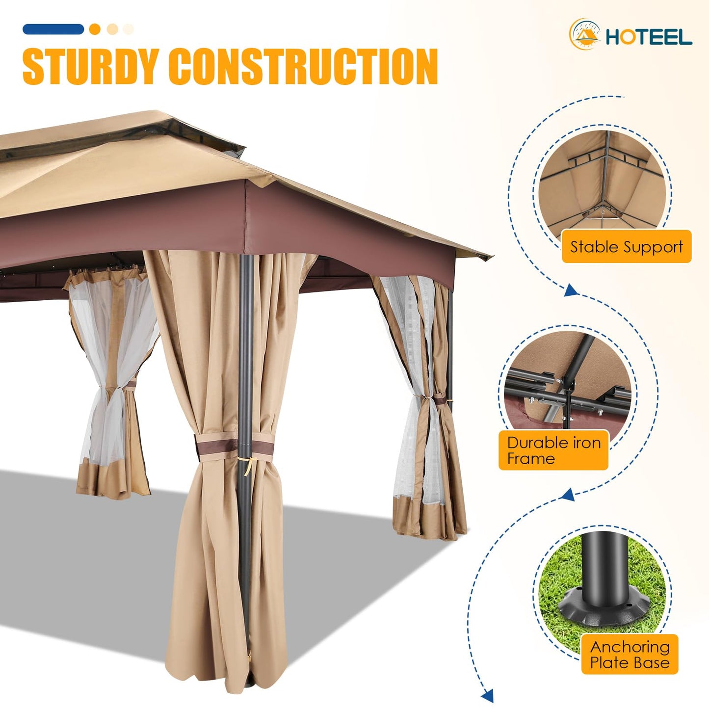 HOTEEL Gazebo 12x20, Outdoor Gazebo on Clearance with Double Ventilated Arc Roof, Privacy Curtains & Mosquito Netting, Easy Set up Canopy Tent with Stable Metal Frame for Patio, Khaki (Upgraded 2.0)