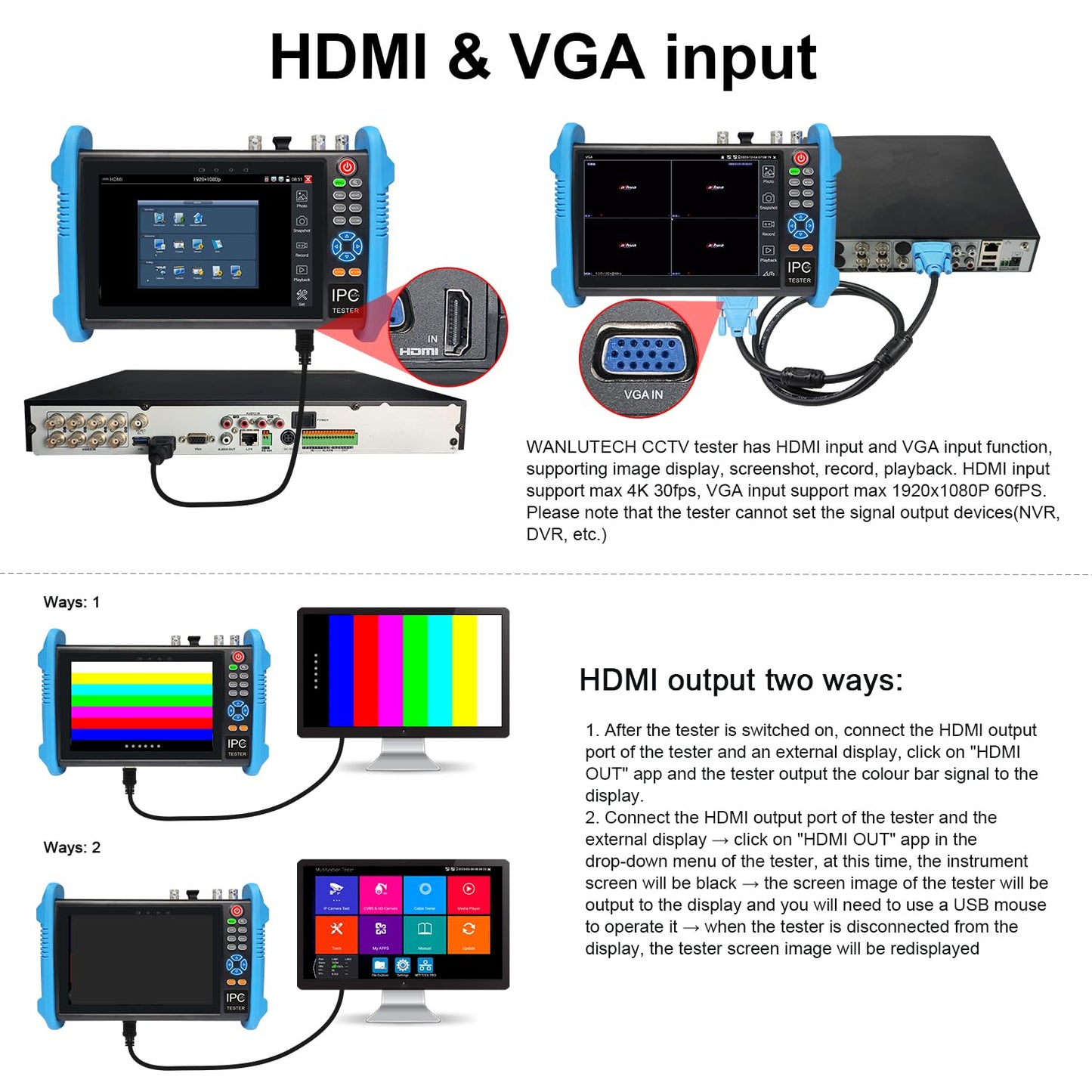 Upgraded 8K IP Camera Tester, WANLUTECH CCTV Tester 7 inch Touchscreen 8MP TVI CVI AHD SDI CVBS Test SFP 90W PoE Power RJ45 Cable Test PoE Network Tools RS485 WiFi HDMI I/O VGA in (IPC-9800ADHS Pro)