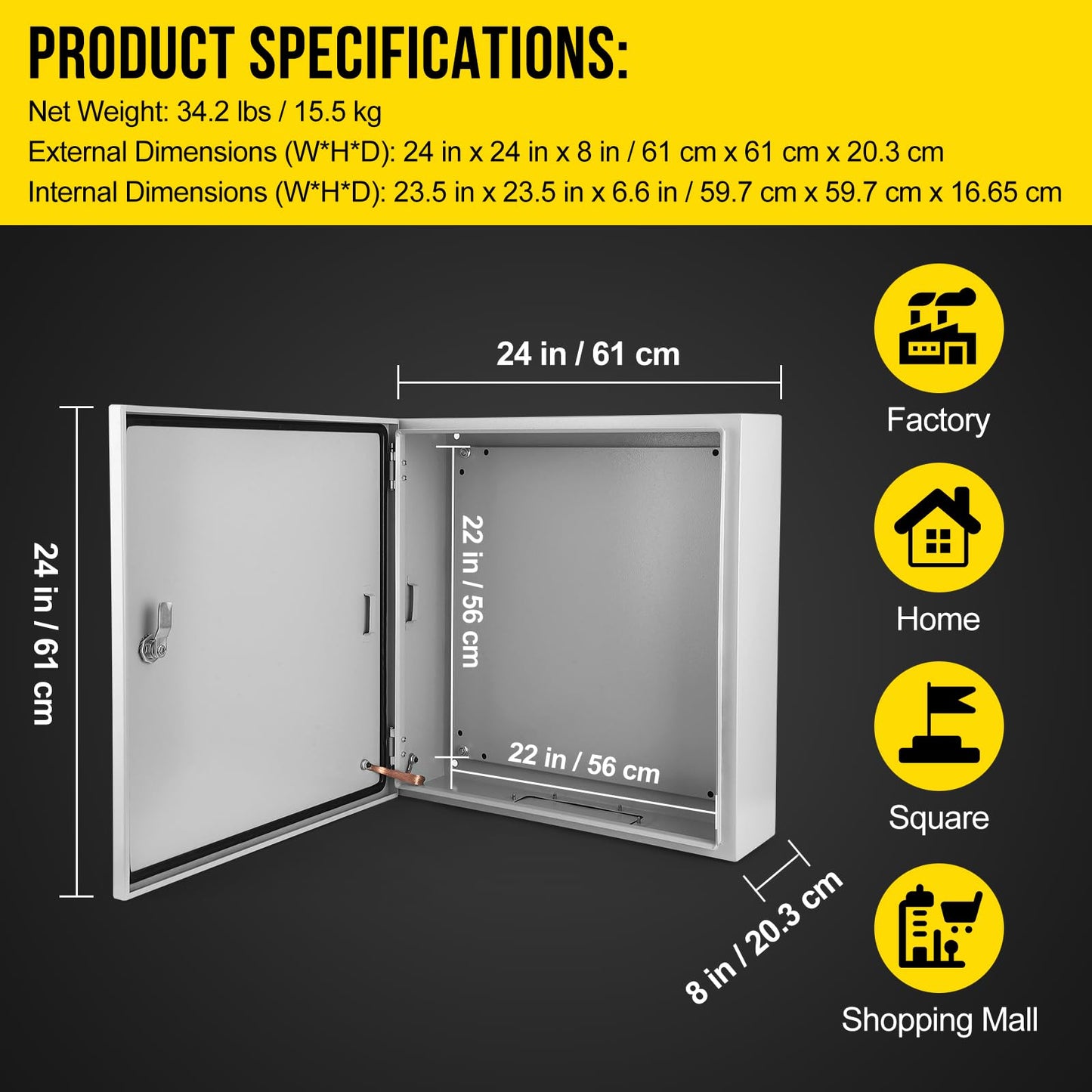 Electrical Box, 24x24x8 NEMA 4X Steel Electrical Box, IP66 Waterproof & Dustproof, Outdoor/Indoor Electrical Junction Box, Lockable Junction Box