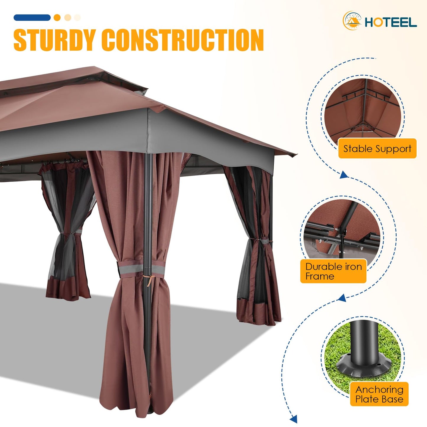 HOTEEL Gazebo 12x20, Outdoor Gazebo on Clearance with Double Ventilated Arc Roof, Privacy Curtains & Mosquito Netting, Easy Set up Canopy Tent with Stable Metal Frame for Patio, Brown