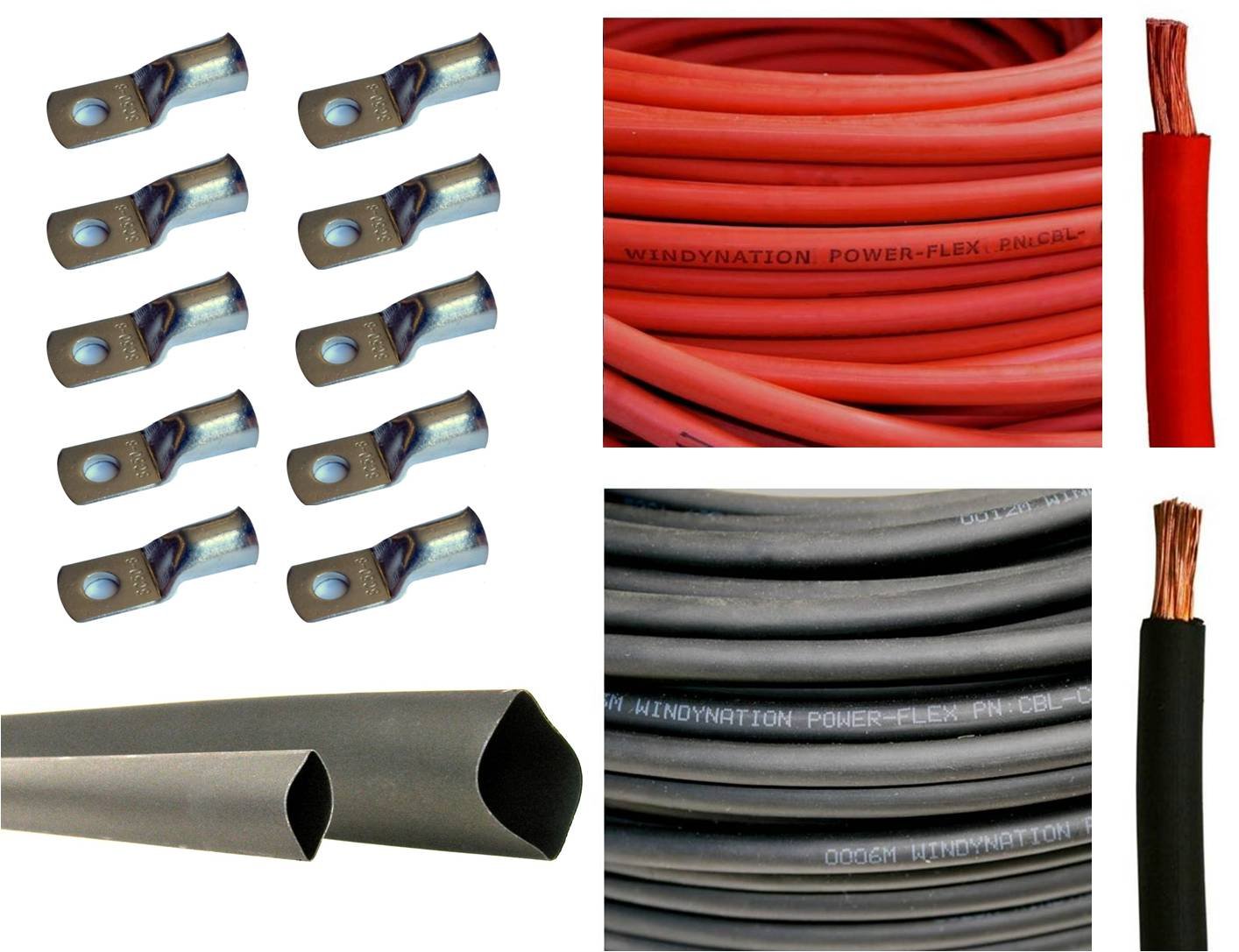 WNI 2 AWG 2 Gauge 20 Feet Black + 20 Feet Red Battery Welding Pure Copper Ultra Flexible Cable + 5pcs of 5/16" & 5pcs 3/8" Copper Cable Lug Terminal Connectors + 3 Feet Heat Shrink Tubing