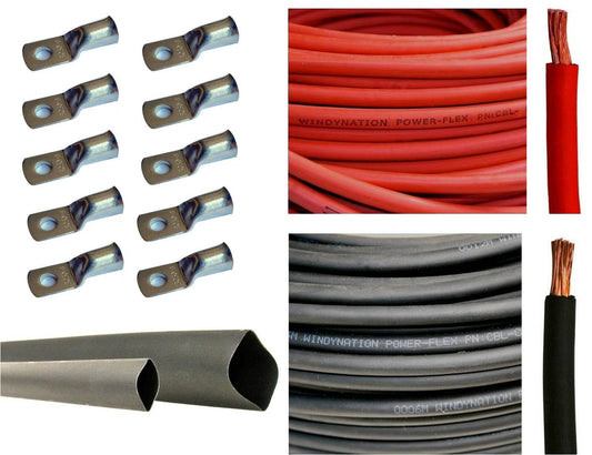 WNI 2 AWG 2 Gauge 20 Feet Black + 20 Feet Red Battery Welding Pure Copper Ultra Flexible Cable + 5pcs of 5/16" & 5pcs 3/8" Copper Cable Lug Terminal Connectors + 3 Feet Heat Shrink Tubing