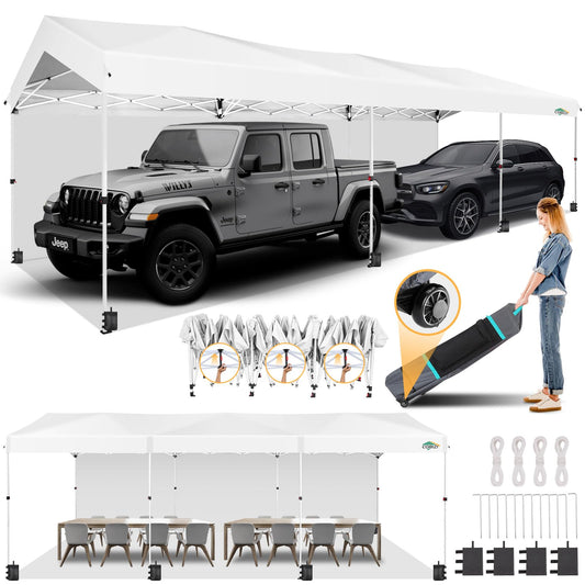 COBIZI Carport 10x30 Pop Up Canopy Car Tent with One Push Center Lock, Outdoor Portable Garage Tents for Parties UPF50+ Waterproof All-Season Car Canopy with Wheeled Bag,3 Sidewalls, Adjustable Height
