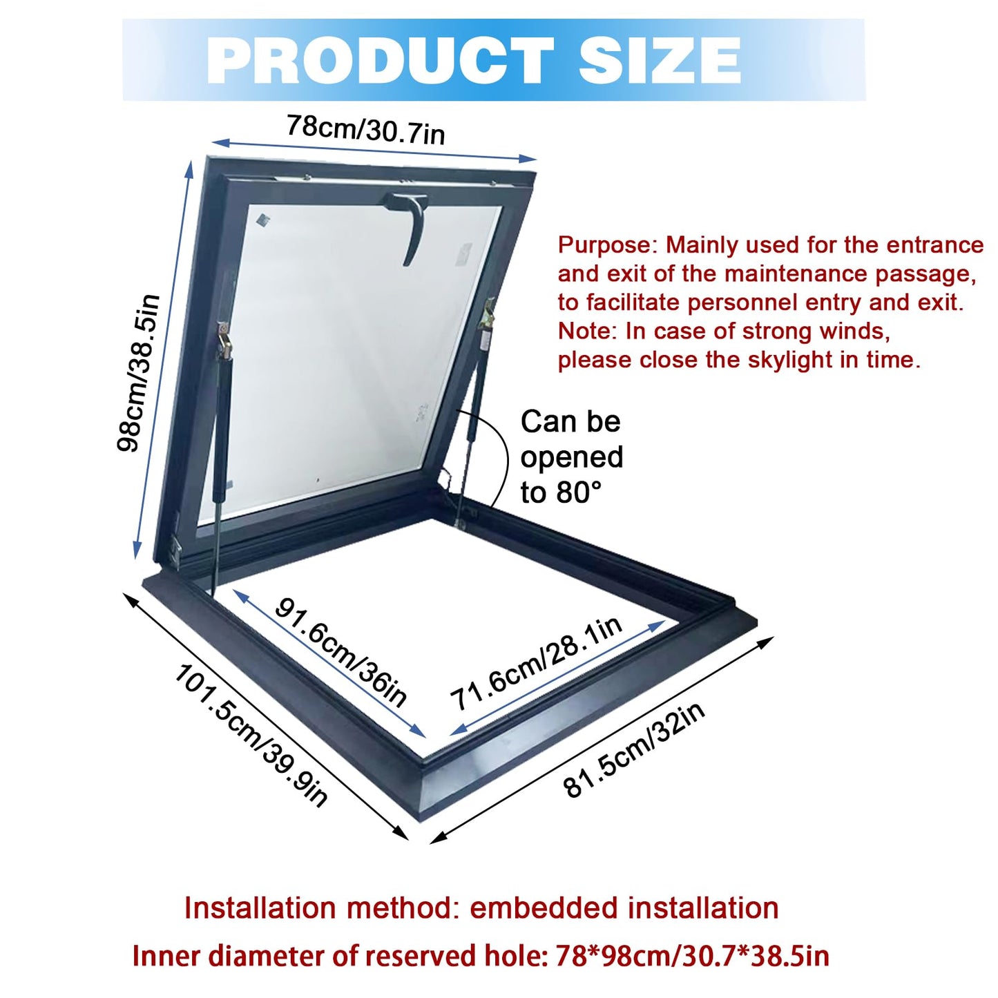Skylight Roof Window, Tempered Glass Skylight Cover, Aluminum Alloy Frame & Hydraulic Rod, Egress Roof Window with Double-Layer Tempered Glass, for Roof, Attic, Basement, Sun Room(30.7*38.5in/78*98cm)