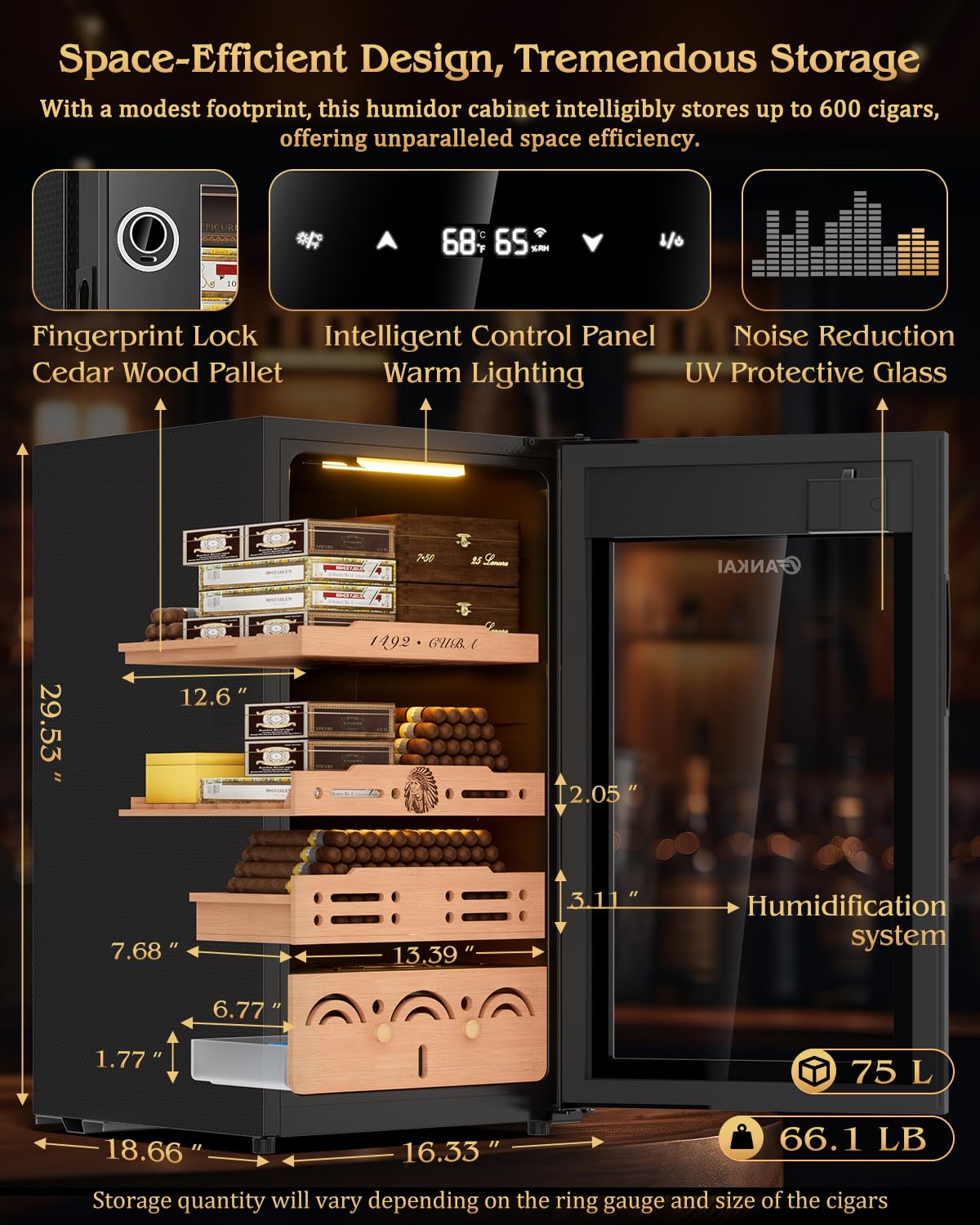 Electric Cigar Humidor Cabinet up to 600 Cigars, Temperature & Humidity Control System-75L Cooling Fridge with Cedar Wood Shelves Digital LED Screen Fingerprint Safety Lock Home & Commercial Use