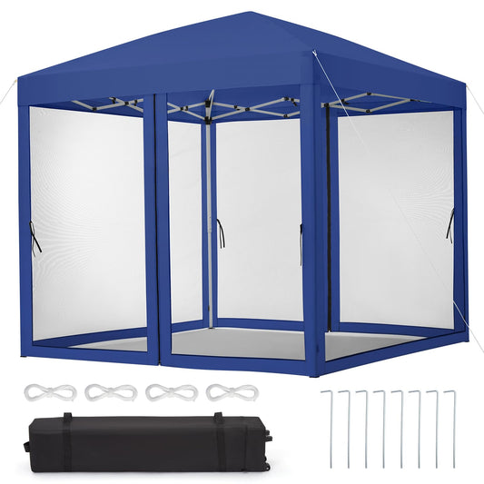 GarveeLife 8 ft x8 ft Instant Pop-Up Canopy Tent with Removable Mosquito Netting & 2 Zipper Doors, Portable Outdoor Shelter for Camping, Backyard, Picnic - Includes Wheeled Carry Bag (Blue)