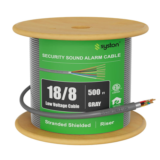 SYSTON 18/8 Fire Security Burglar Station Sound Alarm Control Cable Wire, Riser-Rated CMR/CL3R Shielded Stranded Copper, UV Resistant for Indoor/Outdoor 0-30V Low Voltage Use, UL/ETL Listed, Gray