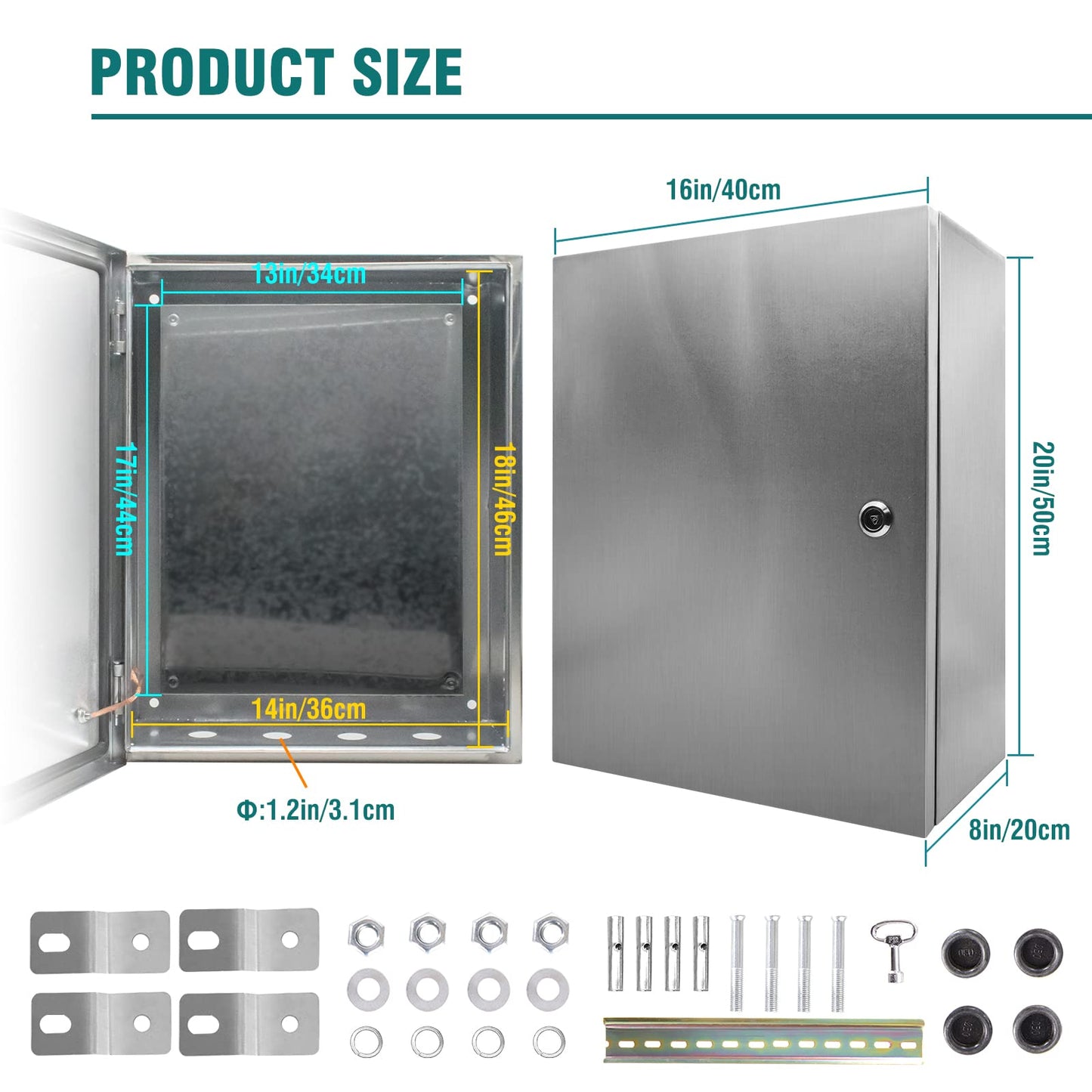 Outdoor Electrical Box 20 x 16x 8'' NEMA 4X Enclosure 304 Stainless Steel Outdoor/Indoor Lockable Electrical Junction Box，IP65 Waterproof,Mounting Plate, Wall/Pole Mounted