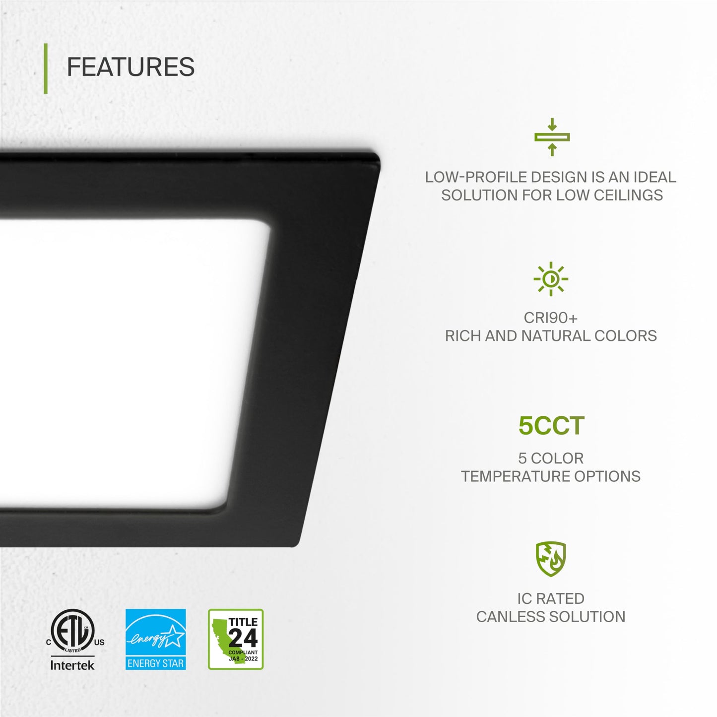 ASD 12 Pack LED Square Recessed Lighting 6 Inch, 5CCT 2700K-5000K CRI90+, Dimmable Ultra-Thin Canless Wafer Lights, IC Rated Ceiling Light Fixtures with Junction Box, ETL Energy Star, Black